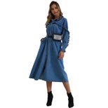 Long Sleeve Ruffled Hem Maxi Denim Dress Elegant Flared Split Design Autumn Winter Fashion for W