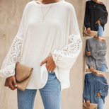 Womens Loose Fit Hollow Out Long Sleeve Top Solid Color Off Shoulder Asymmetrical Neckline Sprin