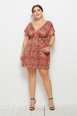 Plus Size V Neck Digital Print Dress Beach Vacation Style Lightweight Fabric