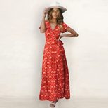 Bohemian Floral Maxi Dress for Women V Neck Tie Detail Lightweight Summer Fabric