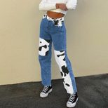 High Waist Color Block Cow Print Straight Leg Jeans for Women Casual Loose Fit Autumn Wear