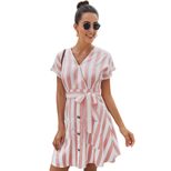 Striped Shirt Dress for Women Summer V Neck Button Down Loose Fit with Waist Tie Casual Wear