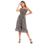 Vintage Plaid High Waisted Midi Dress for Women Ruffle Straps Summer Style Elegant Design Wholes