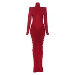 High Neck Long Sleeve Bodycon Dress Solid Color Ruched Design Backless Fashionable for Autumn Wi