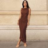 Sleeveless Bodycon Dress Solid Color Metallic Accents Sexy Split Design Autumn Fashion for Women