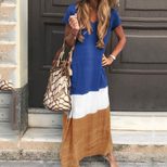 Summer Womens Maxi Dress Casual Color Block Design Loose Fit Short Sleeve Perfect for Beach or O