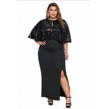 Plus Size Sequin Cape Dress Set for Women Long Sleeve Open Slit Elegant Evening Wear
