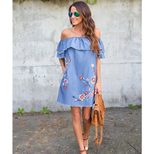 Embroidered Denim Dress Loose Fit Off Shoulder Ruffle Sleeve Spring Fashion Casual Wear Wholesal