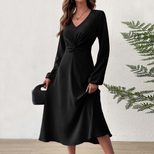 French Style V Neck Midi Dress Elegant A Line Silhouette High Waist Autumn Winter Fashion Wholes