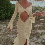 Summer Womens Dress V Neck Sheer Hollow Out Ruffled Lace Slim Fit Perfect for Parties and Events