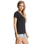 Womens Loose Fit Short Sleeve T Shirt Hollow Out V Neck Solid Color Trendy Style Perfect for Sum
