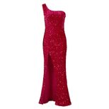 Elegant Sequin Maxi Dress Asymmetrical Shoulder High Slit Fashionable Design Evening Wear Party