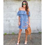 Embroidered Denim Dress Loose Fit Off Shoulder Ruffle Sleeve Spring Fashion Casual Wear Wholesal