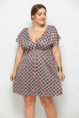 Plus Size V Neck Digital Print Dress Beach Vacation Style Lightweight Fabric