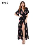Chiffon Maxi Dress for Women Floral Print V Neck Long Sleeve Beachwear Summer Casual Style