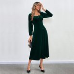 Velvet Long Sleeve Dress Sexy Split Design Waist Cinching Square Neck Puff Sleeves Evening Party