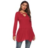 Womens Long Sleeve Cross Neck Solid Color Ruffle Hem T Shirt Casual Style Versatile Layering Who