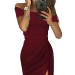 Summer Womens Dress Off Shoulder Short Sleeve High Waist Split Hem Midi Length Casual Wear Ready