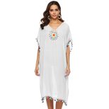 Colorful Tassel Beach Cover Up Dress Hand Crocheted Floral Patchwork Loose Fit Deep V Neck Whole