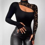 Lace Asymmetrical Long Sleeve T Shirt Off Shoulder Design Sexy Style Spring Autumn Wear Wholesal