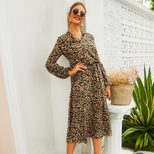 Leopard Print Long Sleeve Midi Dress for Women Casual Spring Summer Style Low MOQ