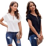 Womens Solid Color Shirt European Style V Neck Half Zip Short Sleeve Casual Everyday Wear Wholes