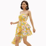 Irregular Floral Print Strapless Dress Womens Vacation Wear Elegant Evening Gown Wholesale Avail
