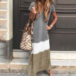 Summer Womens Maxi Dress Casual Color Block Design Loose Fit Short Sleeve Perfect for Beach or O