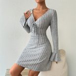 Elegant Gray Flared Sleeve Dress Slim Fit Minimalist Design Autumn Winter Style Wholesale Availa