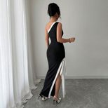 Summer Color Block Maxi Dress for Women Elegant Sexy High Slit Design Perfect for Parties and Ev