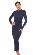 Knit Sweater Dress for Women Long Sleeve Slim Fit with Stand Collar Autumn Winter Casual Wear