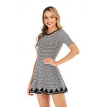 Plaid Knit Dress for Women Slim Fit A Line Silhouette Round Neck Flared Skirt Casual Spring Wear