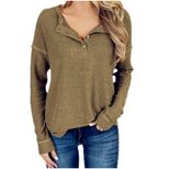 Waffle Knit Long Sleeve T Shirt for Women V Neck Button Design Casual Wear