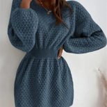 French Style Loose Fit Round Neck Knitted Dress Waist Defining Design Casual Wear for Fall Winte