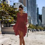 Irregular Deep V Sexy Hollow Out Knitted Beach Cover Up Dress Bell Sleeves Lightweight Fabric Su
