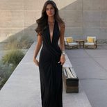 Backless Deep V Neck Maxi Dress Halter Neck High Slit Elegant Style Perfect for Evening Events W