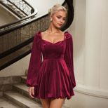 Womens Burgundy High Waisted Dress French Style Autumn Winter Velvet Fabric Party Gathering Whol
