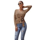 Double Breasted Waist Tie V Neck Long Sleeve Knit Sweater Womens Autumn Winter Fashion Cozy and