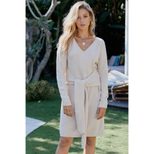 V Neck Long Sleeve Knit Sweater Dress Solid Color Mid Length Cozy Fabric Fall Winter Fashion Who