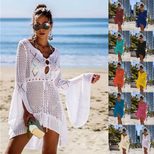 Irregular Deep V Sexy Hollow Out Knitted Beach Cover Up Dress Bell Sleeves Lightweight Fabric Su