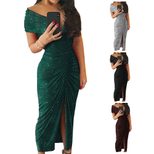 Elegant Evening Dress V Neck Short Sleeve Sequin Side Split Formal Events Parties Wholesale Avai