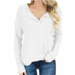 Waffle Knit Long Sleeve T Shirt for Women V Neck Button Design Casual Wear