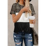 Womens Short Sleeve T Shirt Leopard Print Color Block Casual Fit Round Neck Lightweight Fabric