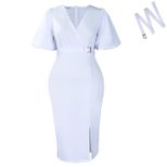 Fashionable Womens Dress V Neck Puff Sleeves Solid Color Bodycon Fit Side Slit Perfect for Parti