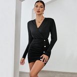 Elegant Long Sleeve Bodycon Dress V Neck Ruched Waist Slim Fit Stretch Fabric Perfect for Partie