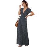 Womens Summer Dress Short Sleeve Deep V Neck Polka Dot Maxi Casual Wear low MOQ