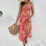 Casual Floral Print Midi Dress Summer Square Neck Spaghetti Straps Side Slit Vacation Wear Whole