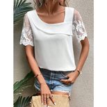 Lace Short Sleeve T Shirt for Women Solid Color Asymmetrical Neckline Fresh and Sweet Style Perf