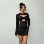 Y2K Style Bodycon Dress Sexy Hollow Out Long Sleeve Solid Color Autumn Winter Party Wear Ready t