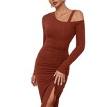 Womens Long Sleeve Dress Drawstring Side Slit Off Shoulder Autumn Winter Bodycon Style Wholesale